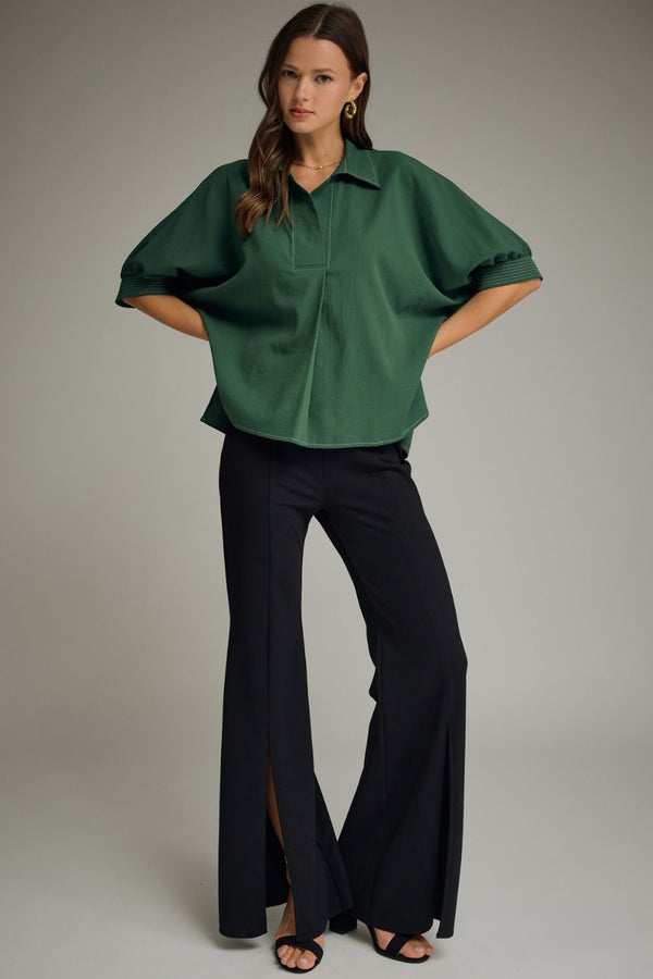 Green Short Sleeve Top w Split V-Neck & Contrast Stitch detail