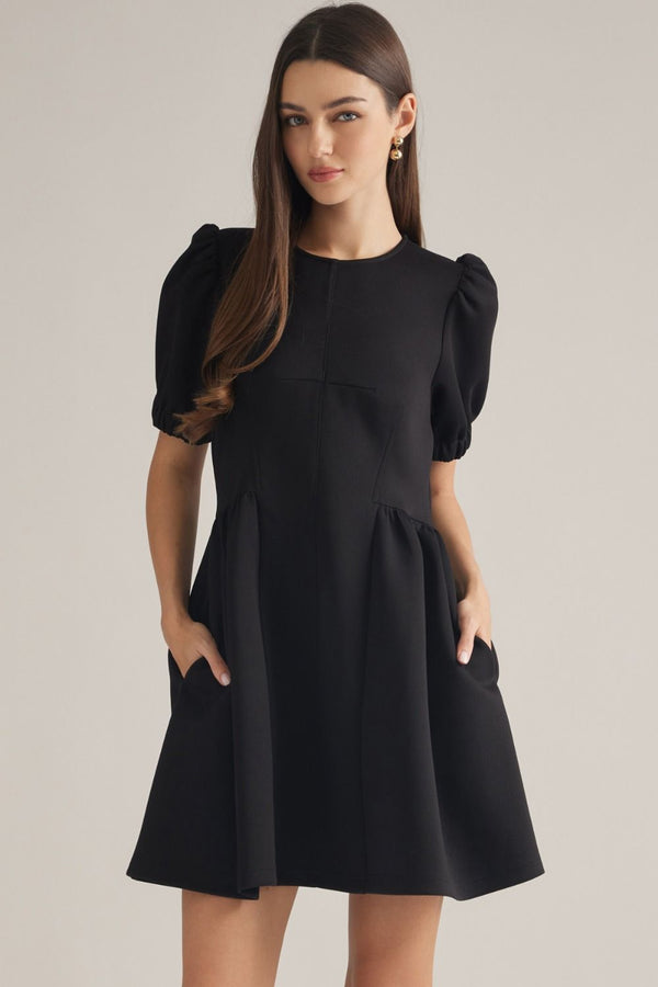 Solid Black Puff Sleeve Mini Dress w Round Neck