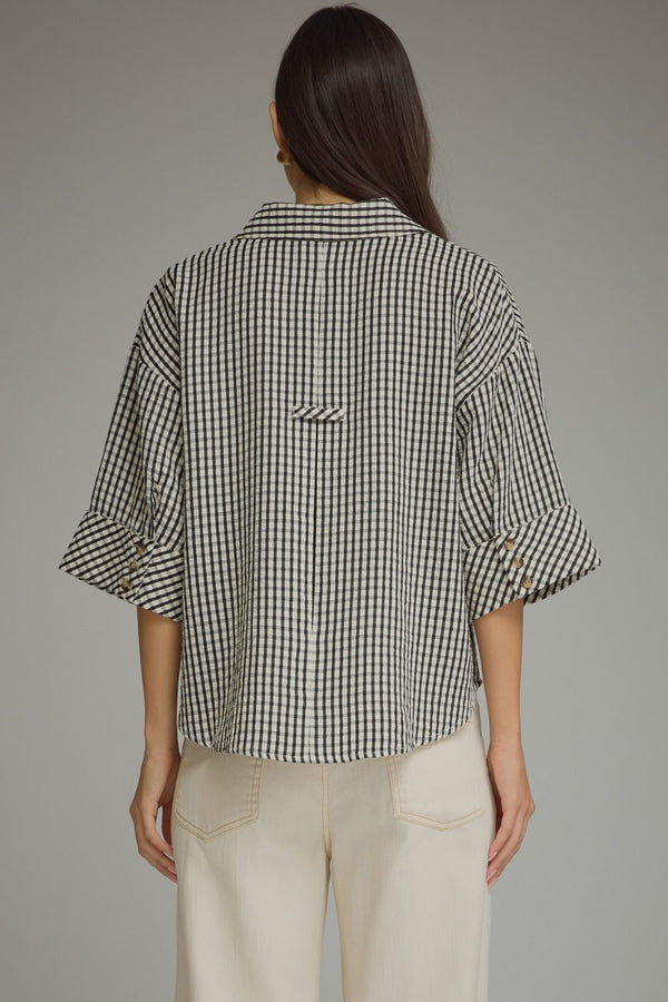 Black Gingham 3/4 Button Cuff Sleeve Top w V-neck Collar