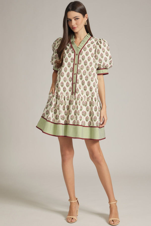 Ecru Print Puff Sleeve Mini Dress w Gingham Trim