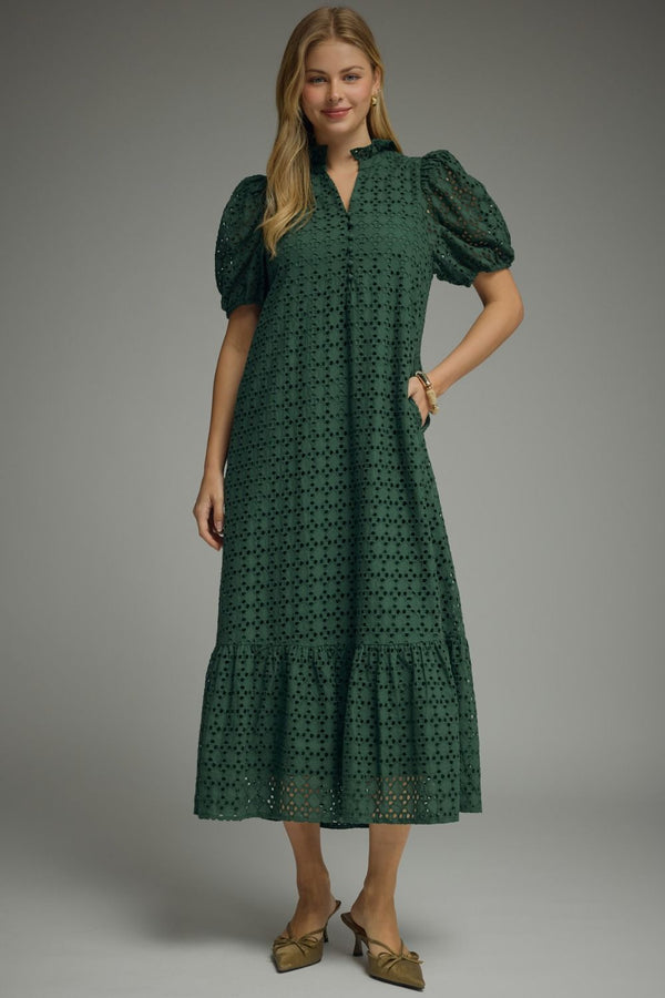 Green Eyelet Puff Sleeve Midi Dress w Ruffled Mock Neck