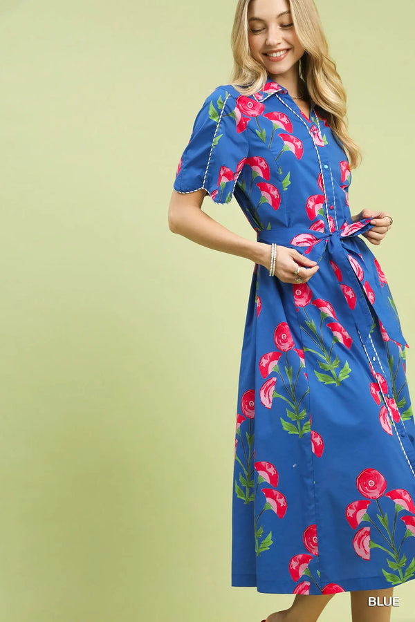 Blue Floral Belted Midi Dress