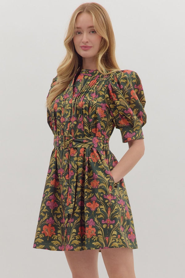 Olive Botanical Print Puff Sleeve Mini Dress w Buckle Belt