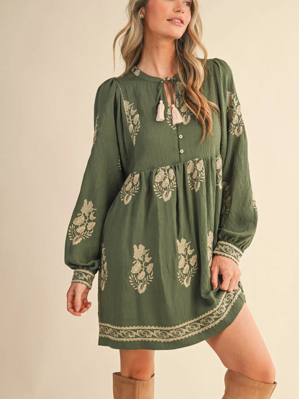 Olive Embroidered Long Puff Sleeve Mini Dress