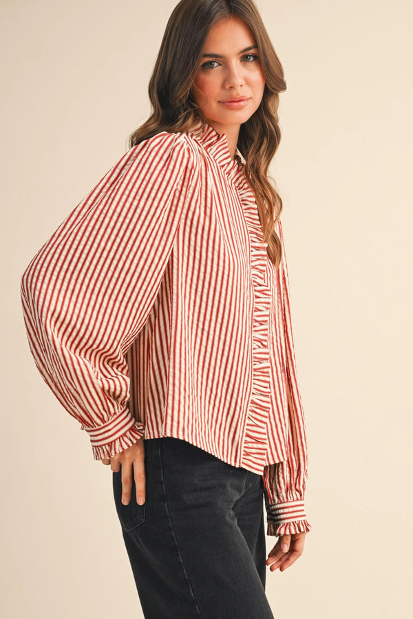 Red Striped Ruffled Button Down Long Sleeve