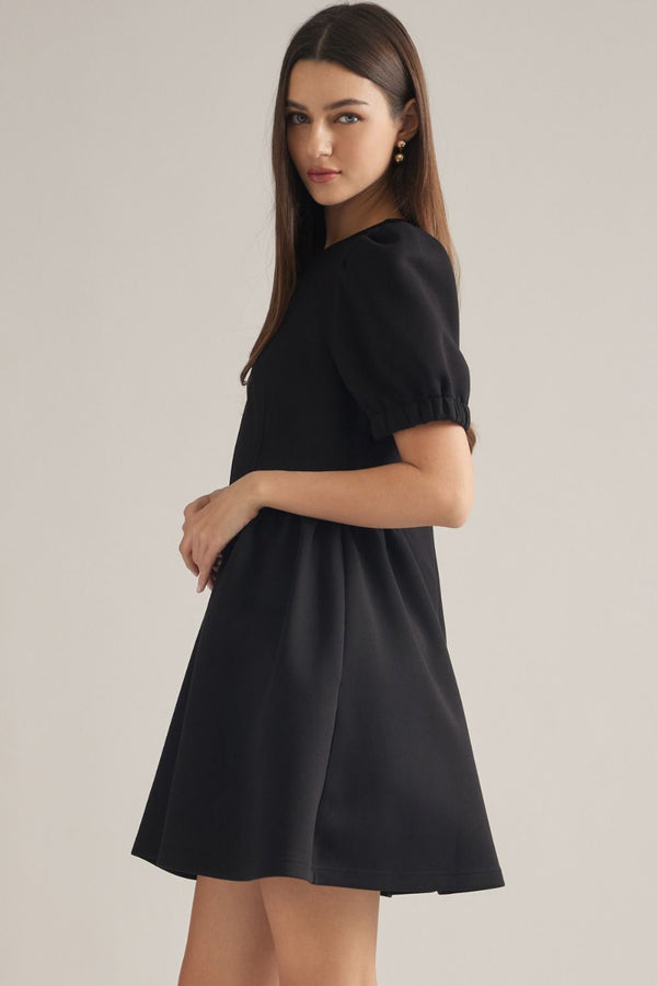Solid Black Puff Sleeve Mini Dress w Round Neck