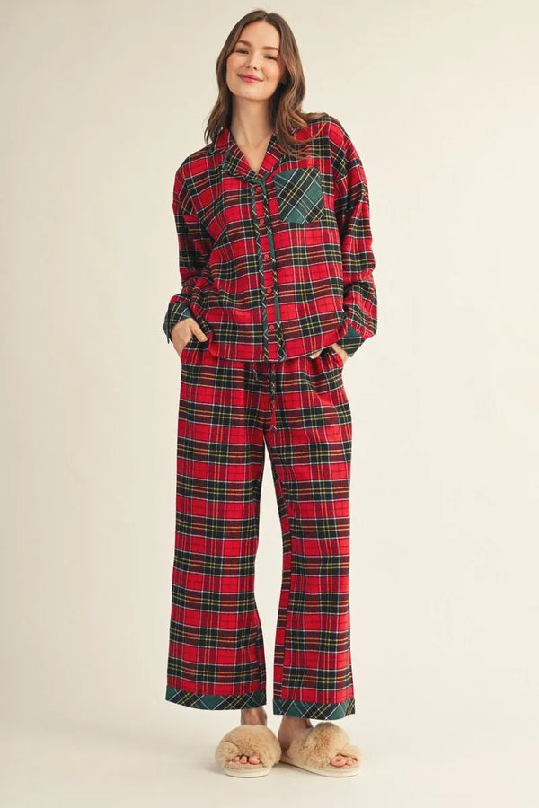 Red Plaid Pajama Set | Button Down Top & Drawstring Pants
