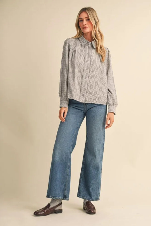 Grey Gingham Embroidered Trim Button Up Top