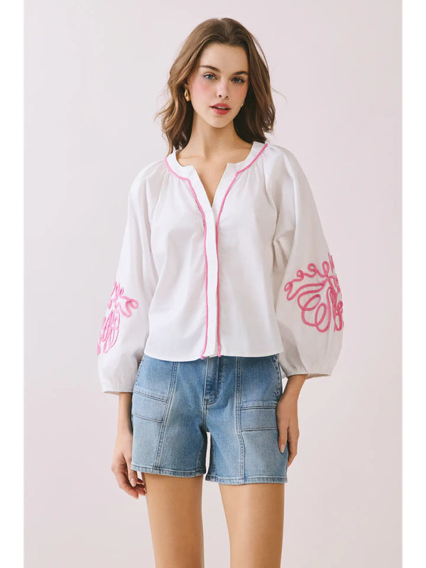Bold Pink Embroidery Voluminous Puff Sleeves Blouse