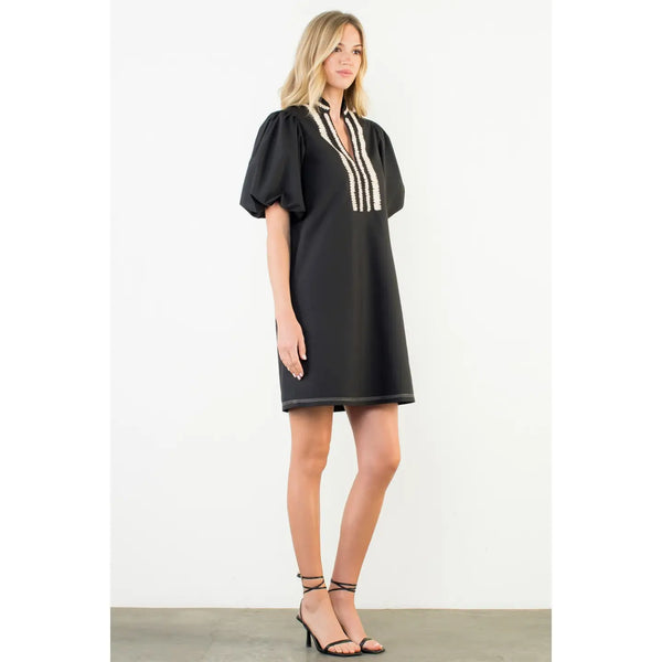 Puff Sleeve Embroidered Textured Dress in Black