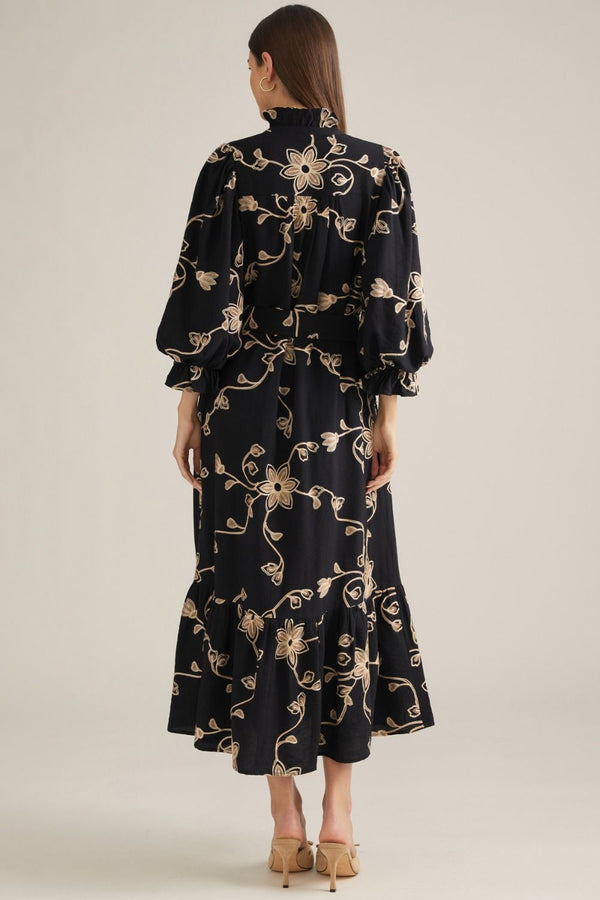 Black Floral Embroidered Puff Sleeve Midi Dress