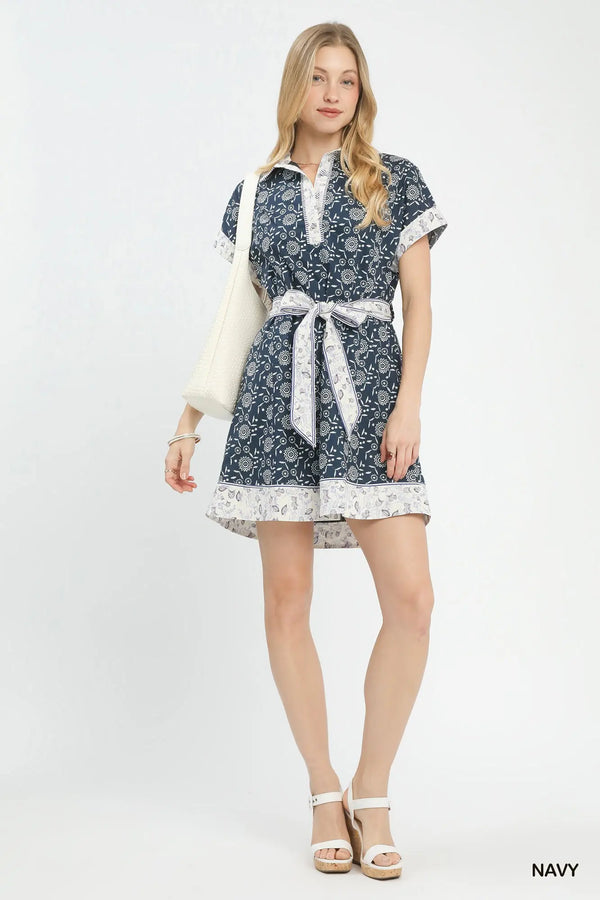 Navy Border Print Belted Shirt Dress
