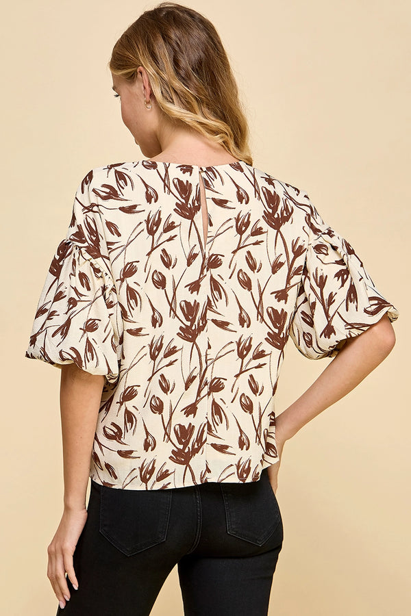 Chocolate Floral Balloon Sleeve Top