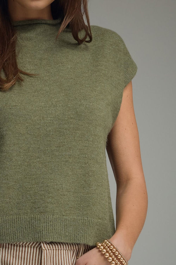 Olive Cap Sleeve Top w Rolled Mock Neck