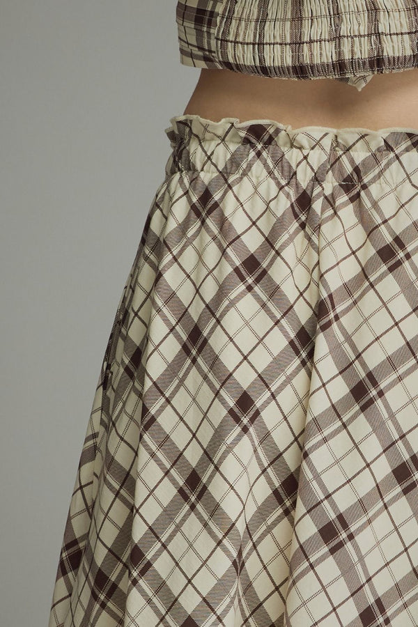 Mocha Plaid Midi Skirt w An Elasticated Waist