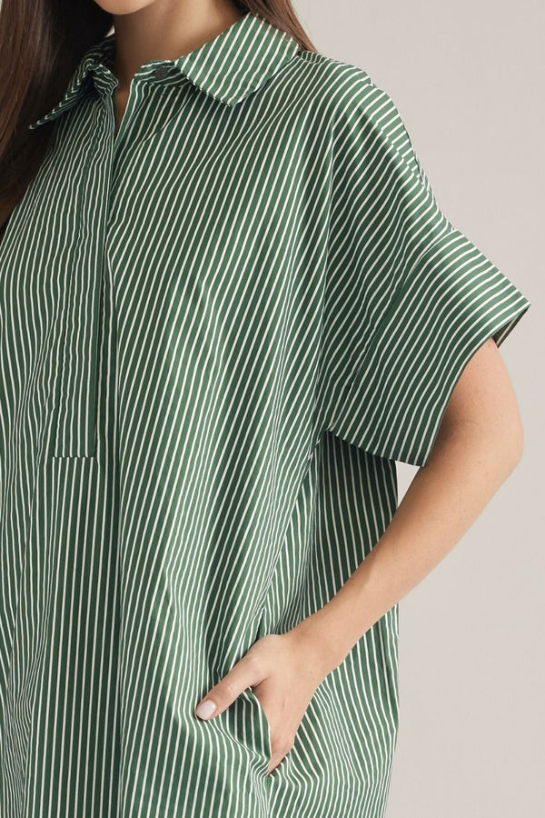 Green Stripe Shirt-Style Midi Dress featuring Side Slits