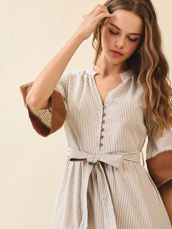 Striped Split Neck Contrast Trim Detail Midi Dress