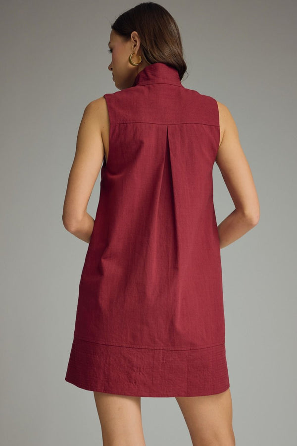 Solid Crimson Stand Collar Sleeveless Mini Dress