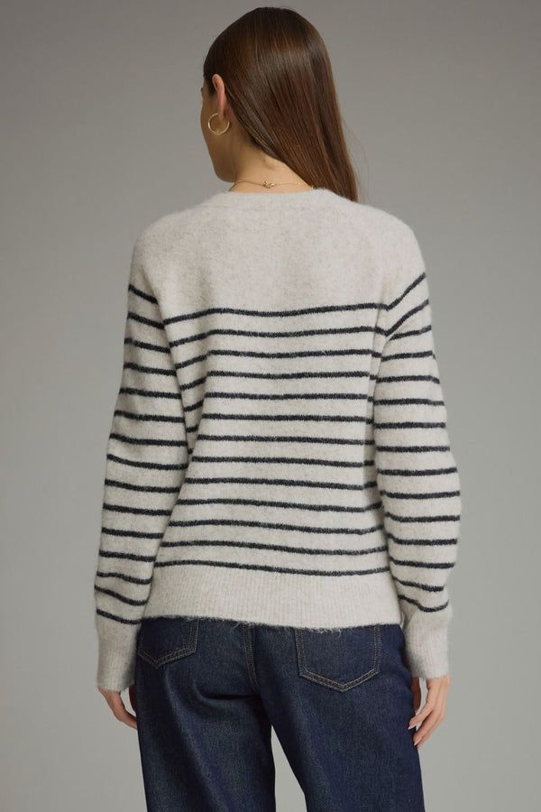 Ecru Stripe Long Sleeve Sweater w Round Neckline