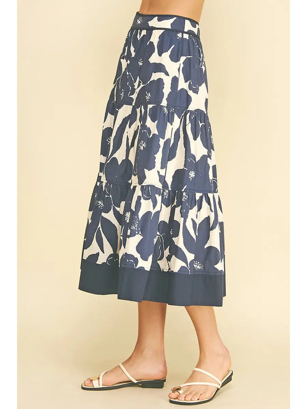 Navy Floral Tiered Midi Skirt