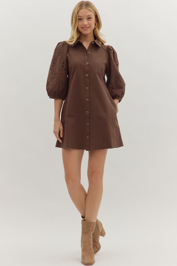Brown Solid Eyelet Puff Sleeve Mini Dress