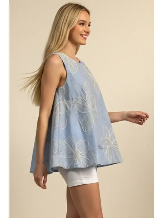 Lt. Blue Floral Embroidered Crew Neck Sleeveless Top