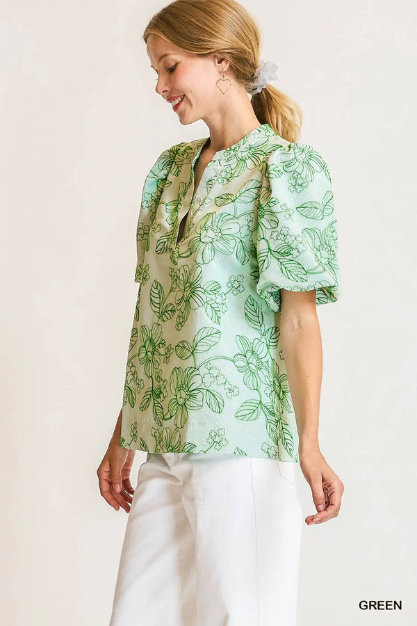 Green Embroidered Floral Print Blouse