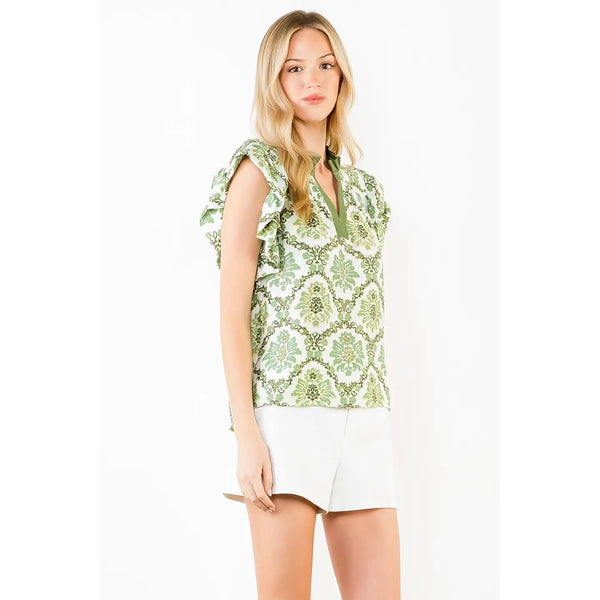 Ruffle Sleeves Green Floral Pattern V-Neck Top