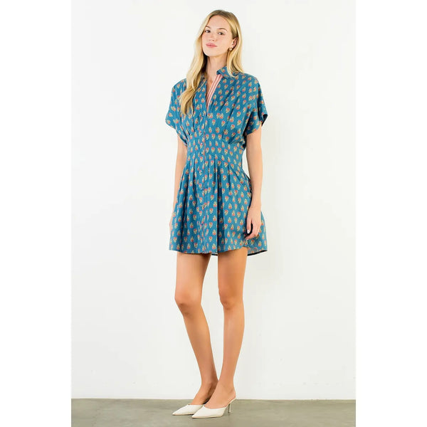 Blue Flower Pattern Short Dress
