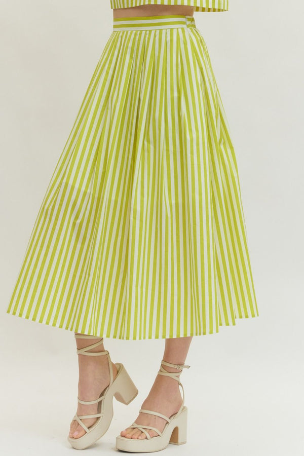 Lime Striped Midi Skirt w Elasticated Waistband