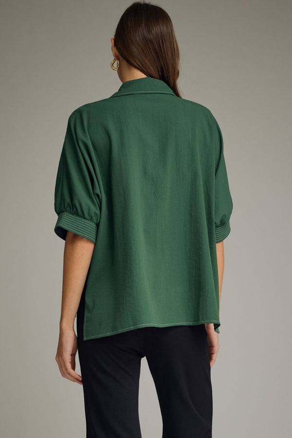 Green Short Sleeve Top w Split V-Neck & Contrast Stitch detail