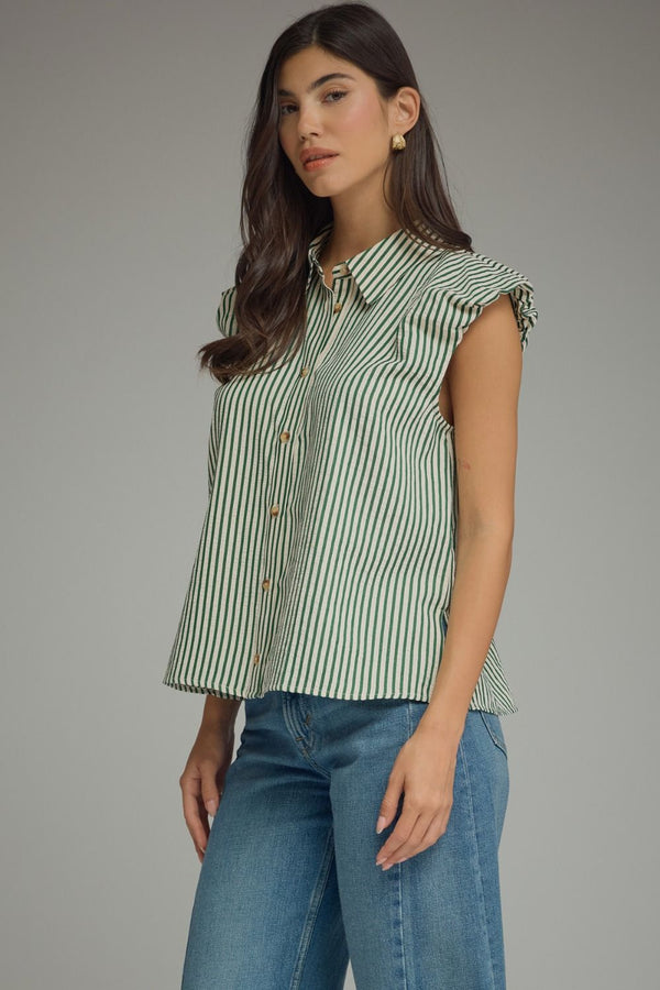 Olive Stripe Cap Sleeve Top w Ruffle Trim Sleeves
