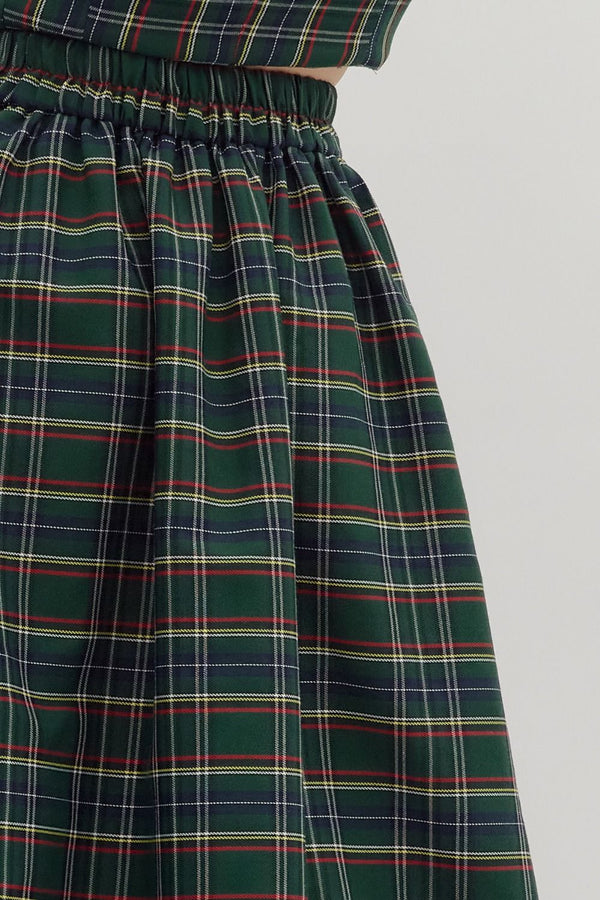 Green Plaid Pattern Pull-On Midi Skirt