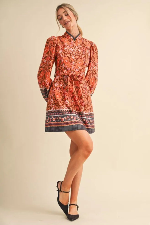 Mandarin Salmon Floral Border Print Belted Mini Dress