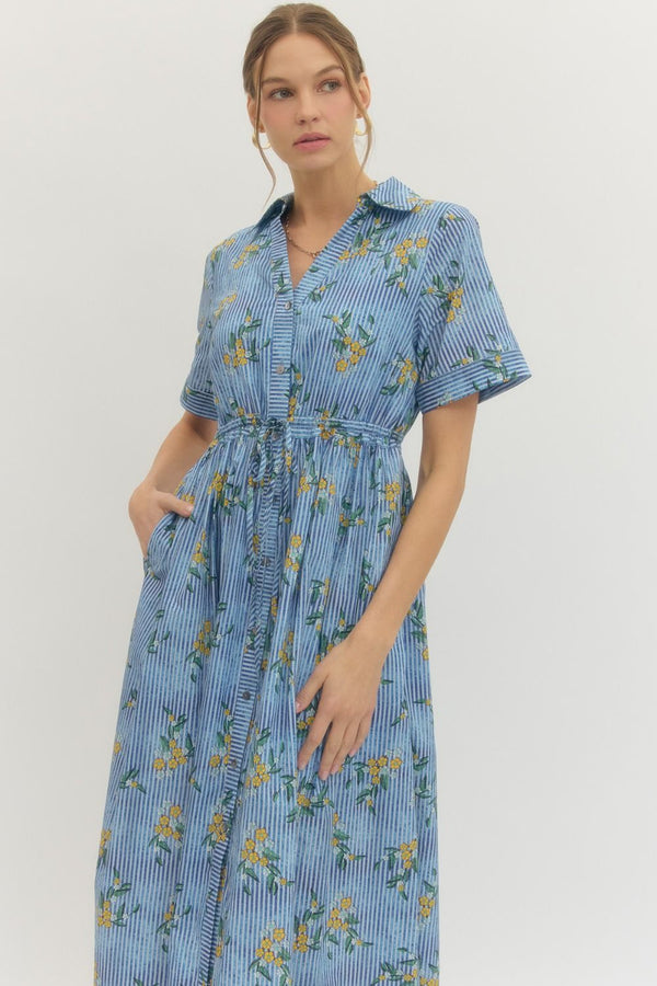 Striped Blue Floral Print Midi Dress Featuring Shirt Collar w Drawstring Waist