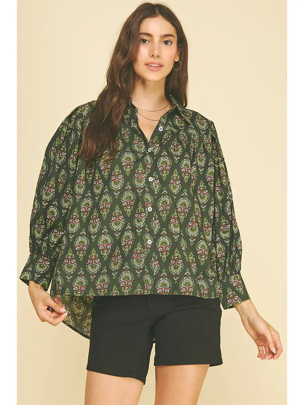 Geometric and Damask Print Button Down Shirt | Deep Green