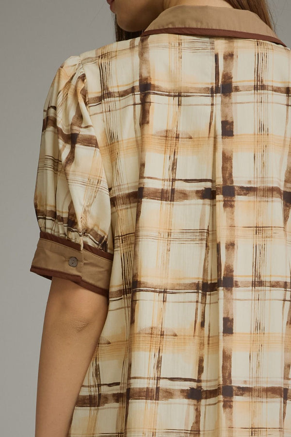 Brown Plaid Puff Sleeve Midi Dress w Contrast Trim