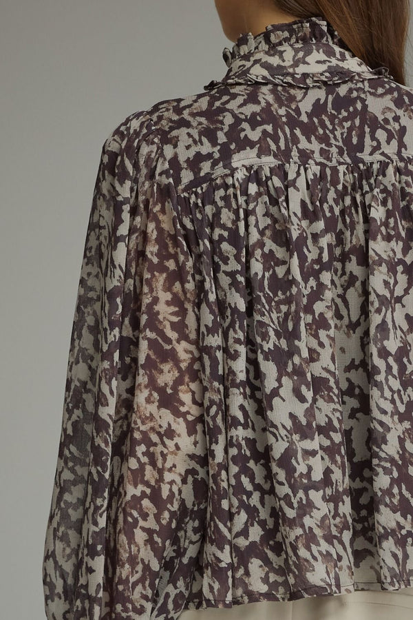 Brown & Ecru Long Puff Sleeve Top w Ruffle High Neckline
