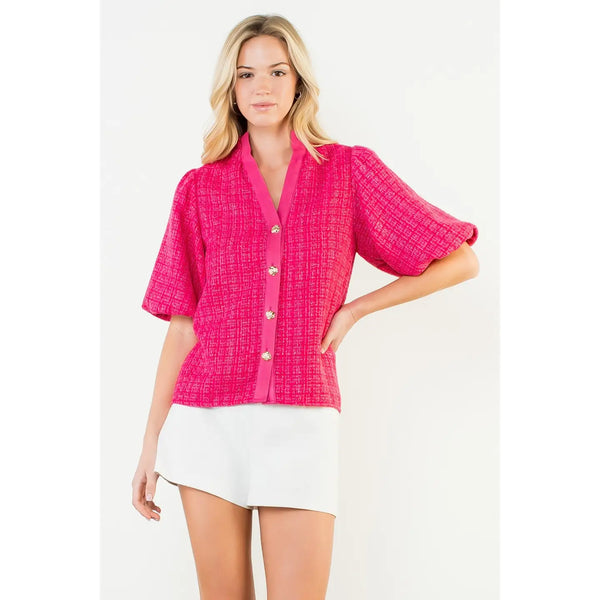 Pink Puff Sleeve Tweed Knit Top