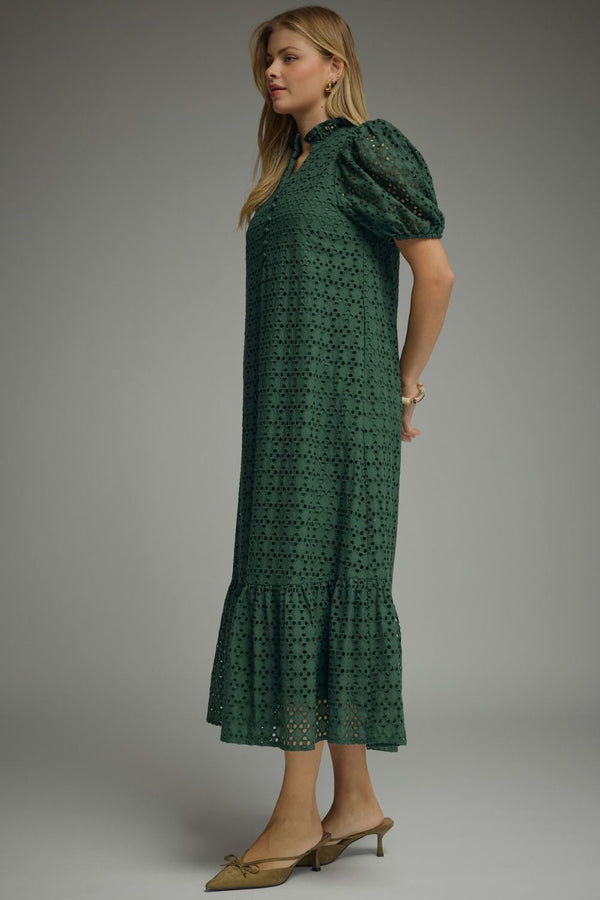 Green Eyelet Puff Sleeve Midi Dress w Ruffled Mock Neck