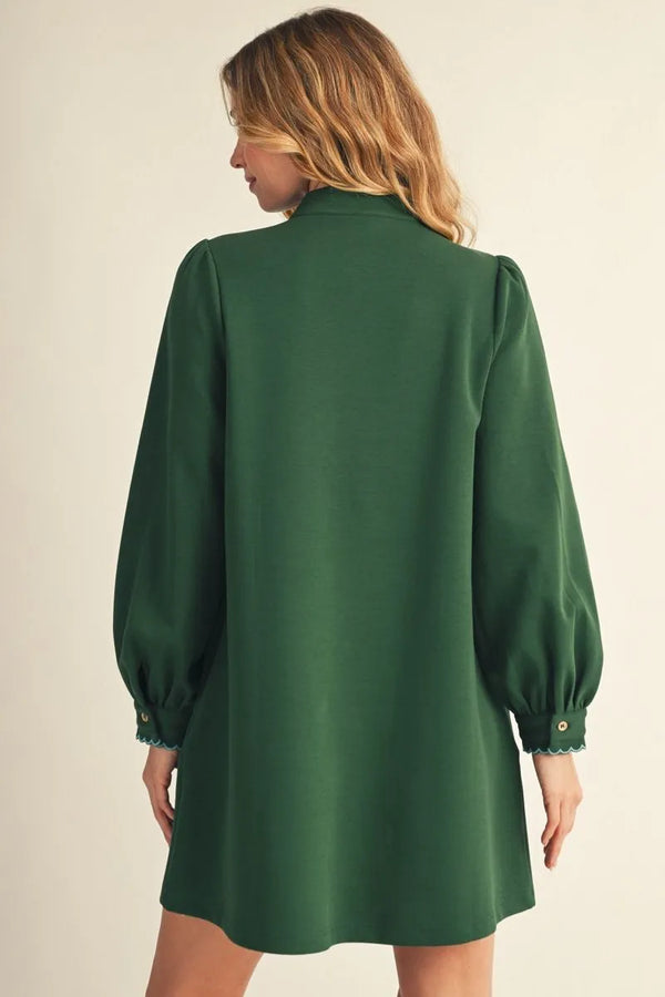 H Green Long Sleeves Lovely Solid Dress w Edge Accent