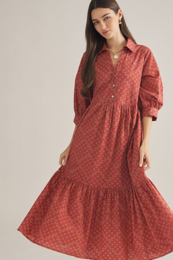 Rust Geometric Print ¾ Balloon Sleeve Midi Dress