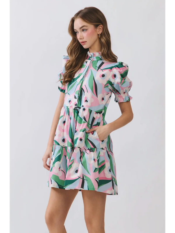 Floral Puff Sleeve Tiered Ruffle Neck Mini Dress
