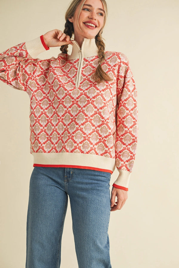Floral Mock Neck Half Zip Pullover: Cream Orange