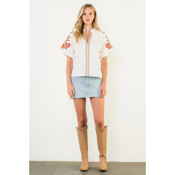 Embroidered Detail Puff Sleeve Cream Corduroy Top