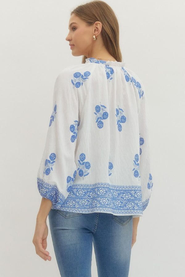 White Floral Print Raglan Puff Sleeve w Tie Detail & Ruffled Neck