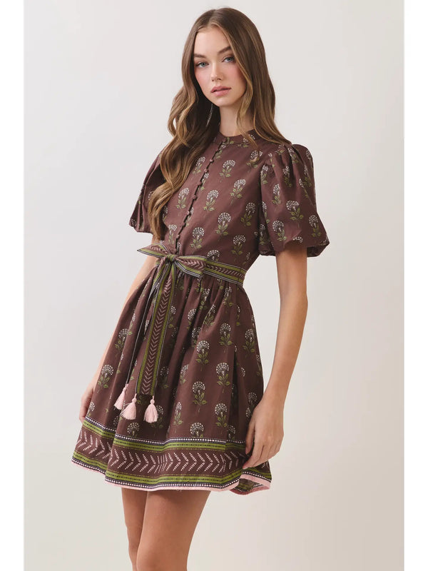 Chocolate Border Print Belted Mini Dress