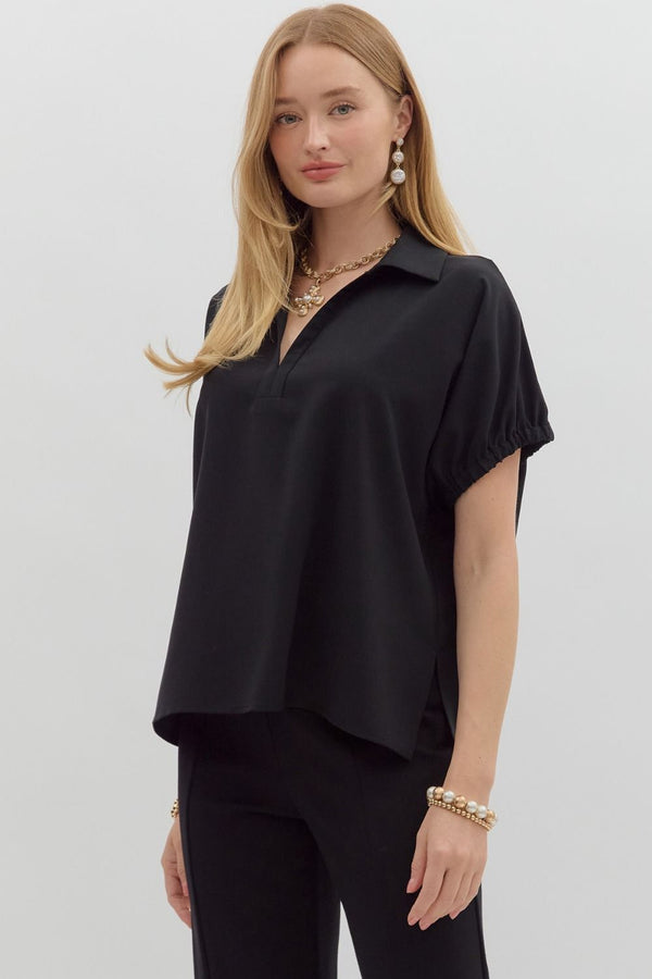 Solid Black Short Sleeve Split Collar