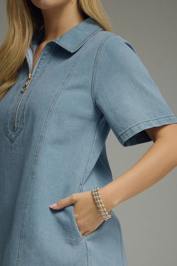Denim Collared Short Sleeve Mini Dress w Front Zipper