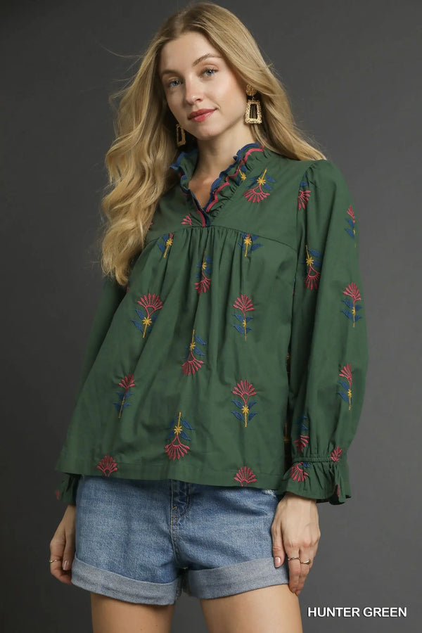 Hunter Green Embroidered Floral Ruffle Neck Blouse